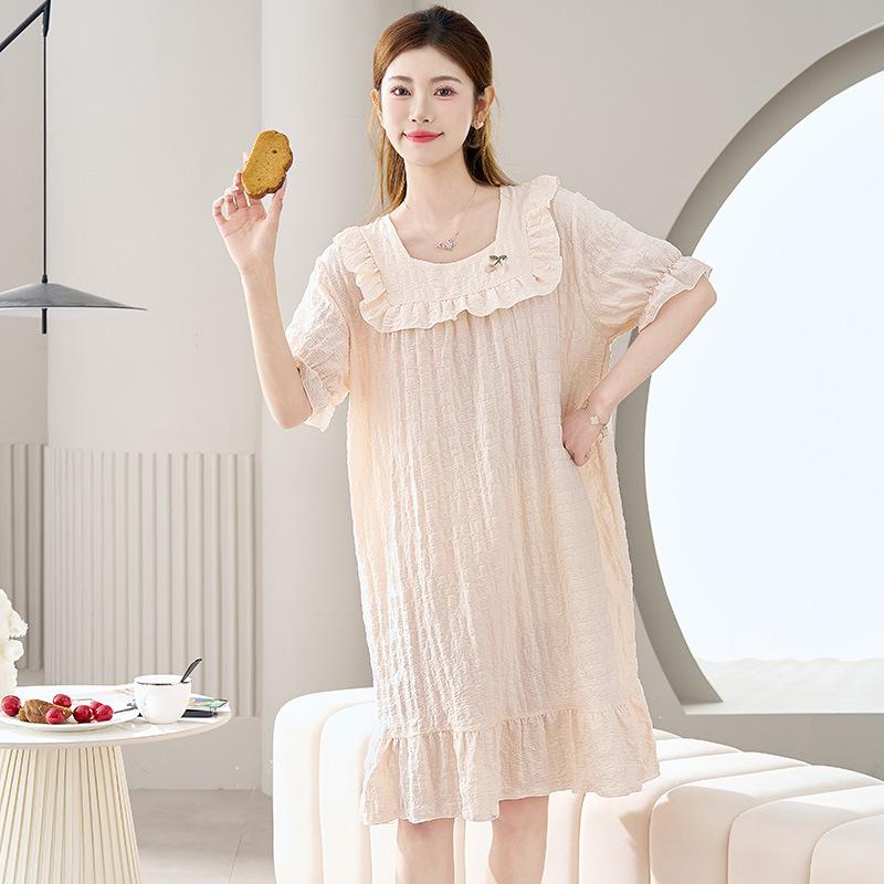 1011 new French cloud cotton women's lotus leaf edge simple casual style thin nightdress can be worn outside loungewear