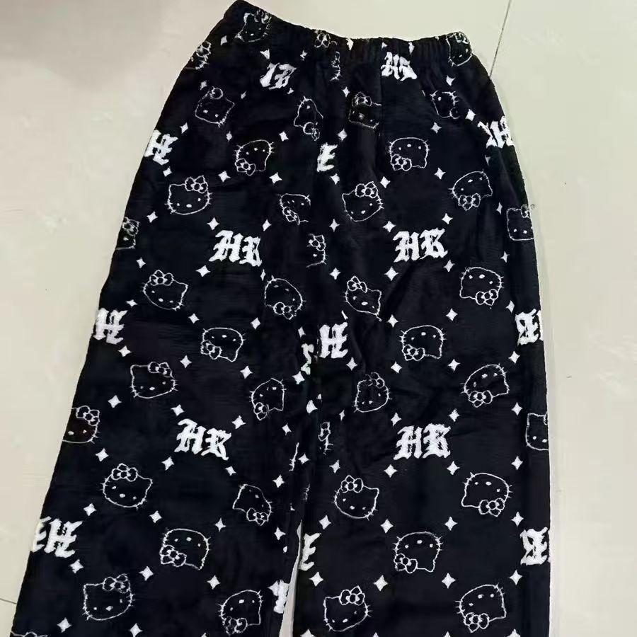 Halloween Cartoon Flannel Pajama Pants Women Winter Fleece Lounge Pants Sleep Trousers with Pockets