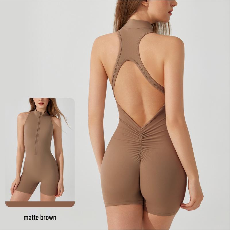 European & American Sports Yoga Bodysuit with Zipper, Open Back, Peach Butt, Double-Sided Brushed Fabric, Shapewear & Bra Pads
