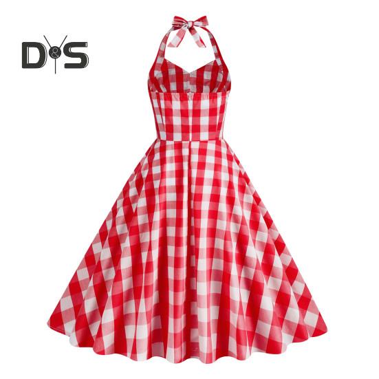 1950er Jahre Damen Rosa Kariertes Ärmelloses Kleid Schnürung Schleife Neckholder Versteckter Reißverschluss Skater Saum Cocktailparty Swing Kleid Hohe Taille A-Linie Kleid