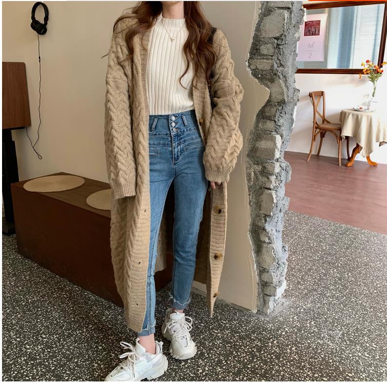 Damen Strickcardigan im koreanischen Stil mit Zopfmuster - Herbst/Winter, vielseitig, lockere Passform, dick