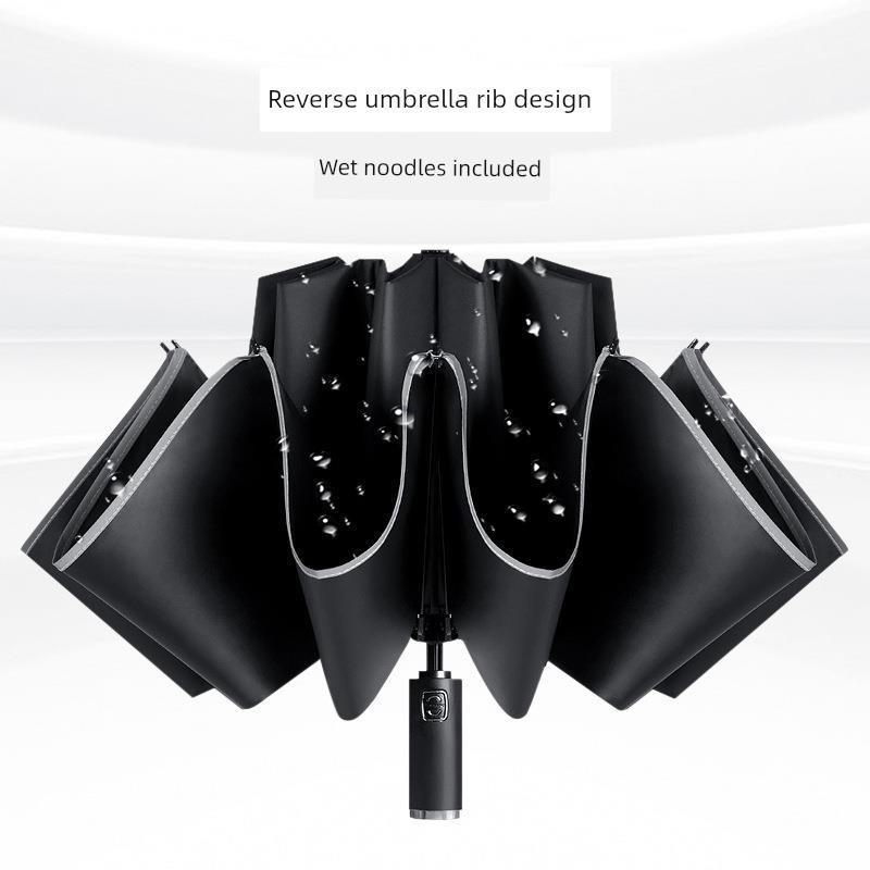 Flashlight Reverse Umbrella, Fully Automatic Umbrella, Reflective Business Umbrella, Black Rubber Anti-Sun Umbrella, Sunshade Umbrella