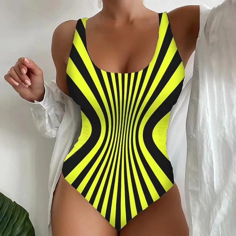 Costume da bagno intero da donna rosa acceso con stampa astratta, scollo quadrato, sgambatura alta