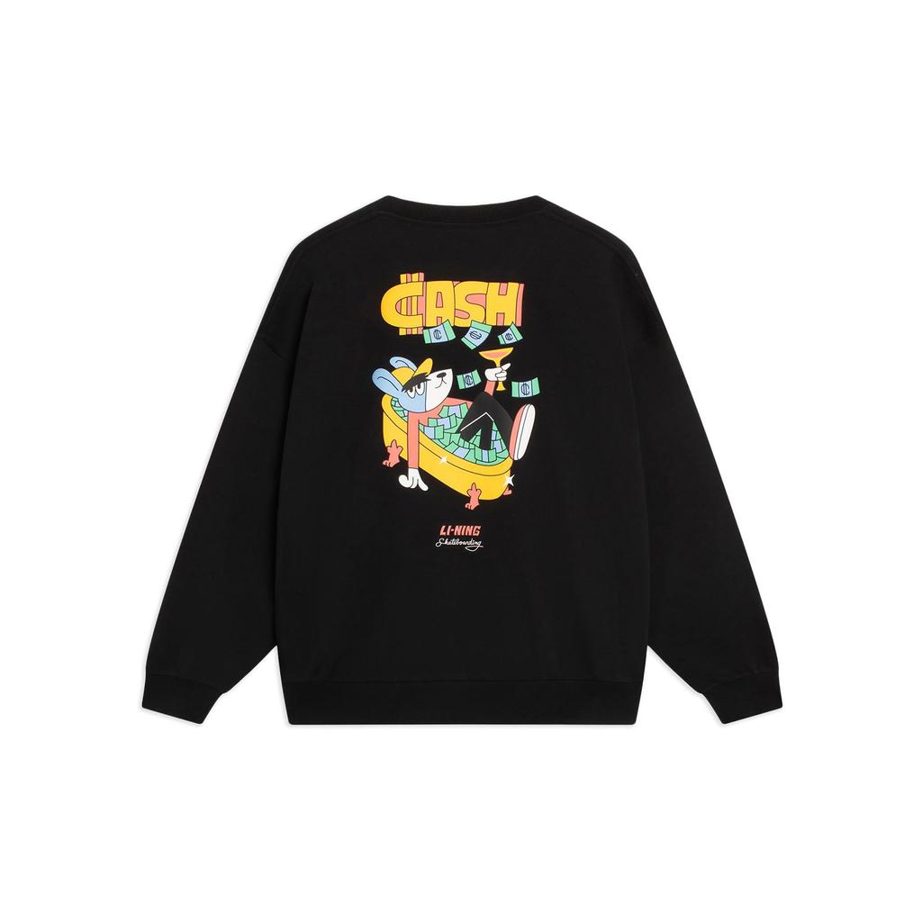Li-Ning Cartoon Print Round Neck Pullover Sweatshirt Unisex Tops Black AWDT163-3