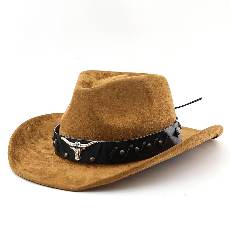 Western denim roll-up edge big edge denim hat bull head accessories imitation leather velvet jazz hat riding hat