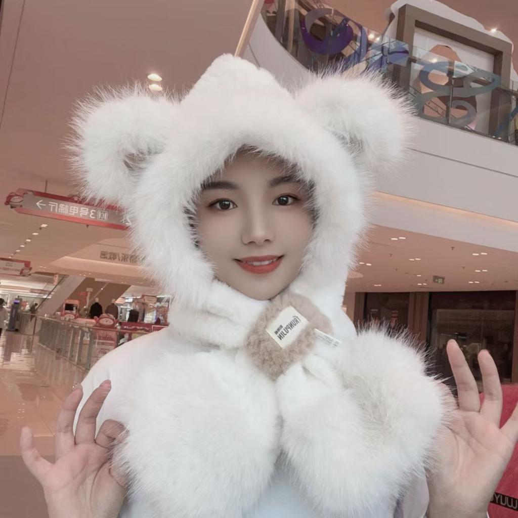 Cute bear ears plush hat women's autumn and winter scarf integrated student warm and cold ear protection scarf hat adult