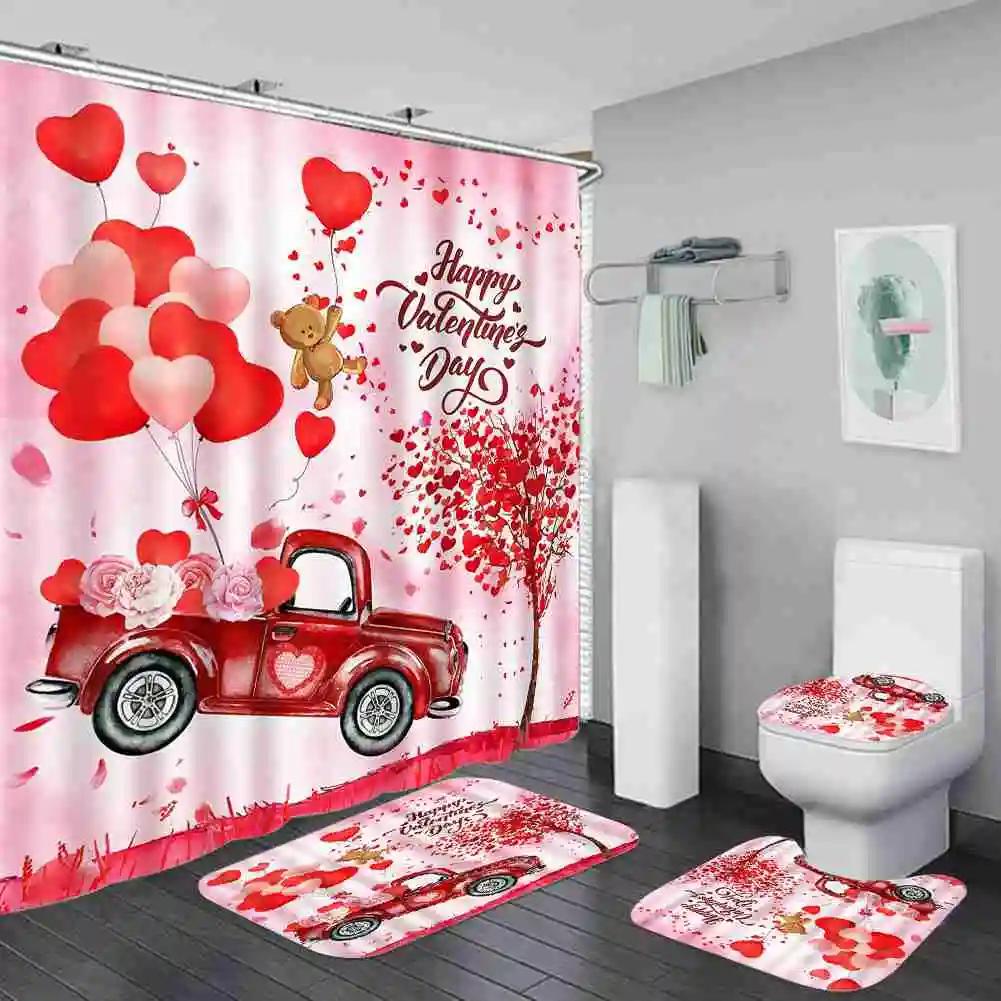 Valentine's Day Bathroom Set Heart Shower Curtain Non-Slip Rugs Toilet Cover U Shaped Bath Mat Red Shower Curtain with 12 Hooks
