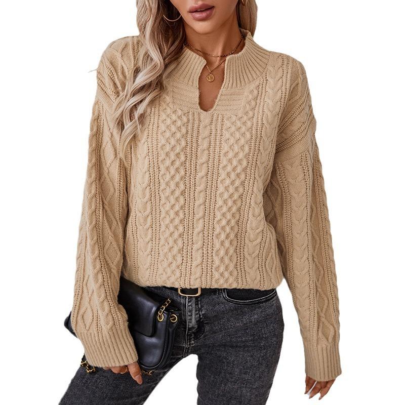 Solid Color Cable Pullover Open Collar European and American Sweater for Women Autumn and Winter New Retro Loose Long-sleeved Sweater