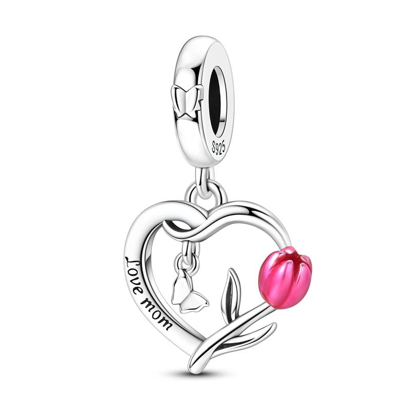 Mother's Day 925 Silver Charms Beads Love Mom Heart Charms Dangle for Bracelet Woman Jewelry Gifts