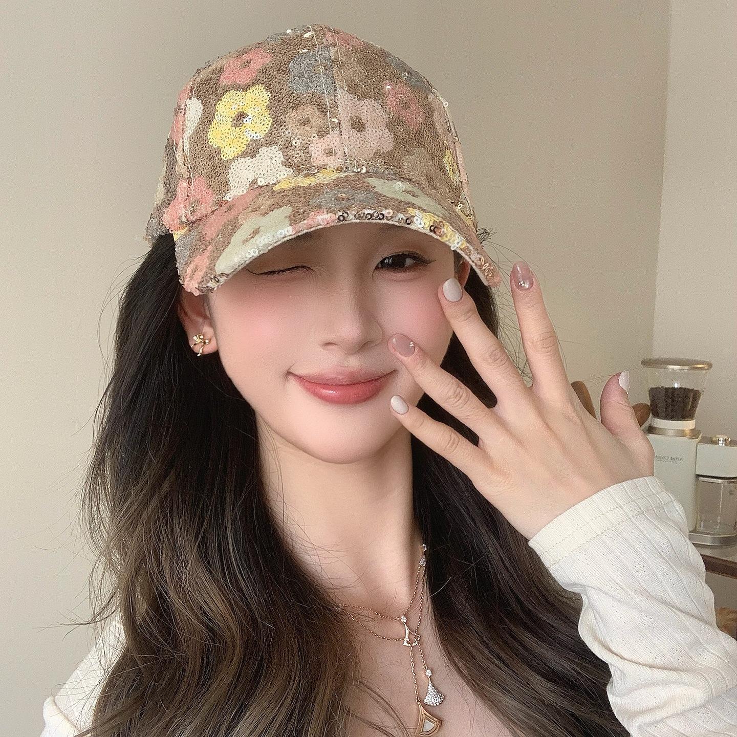 Spring And Summer Fashion Temperament Versatile Flower Sequined Baseball Cap Women S Colored Peaked Cap Adjustable