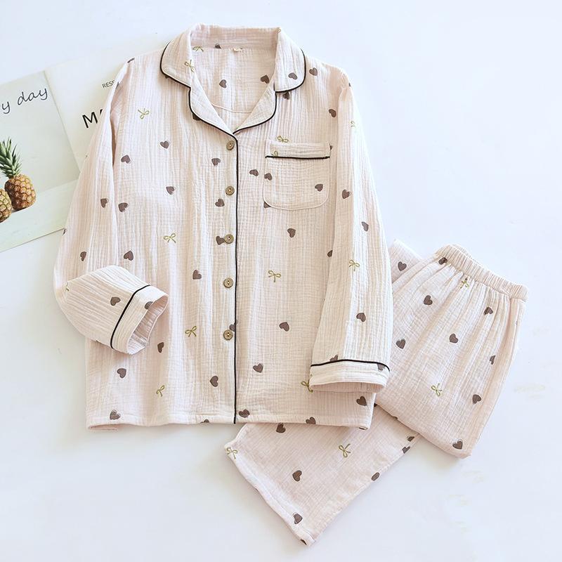 Spring New Ladies Pajamas Set Heart Printed Crepe Cotton Double-layer Gauze Turn-down Collar Long-sleeve Trousers Household Wear