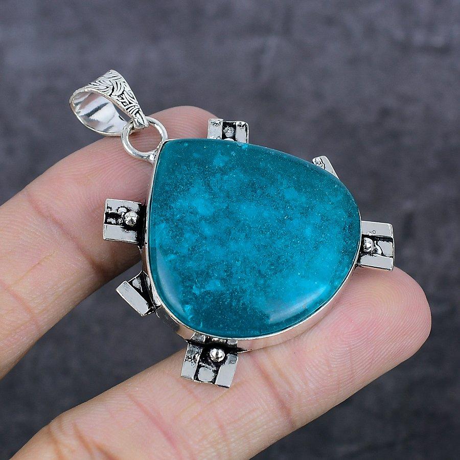 Natural Blue Amber Gemstone 925 Sterling Silver Jewelry Pendant 1.89" L9f79