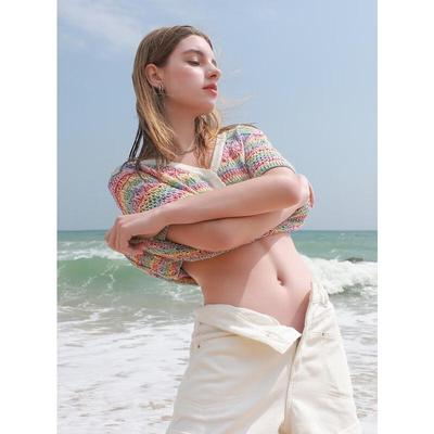 Sancai 2025 Summer Hollow Crochet Rainbow Stripe V-Neck Knit Top