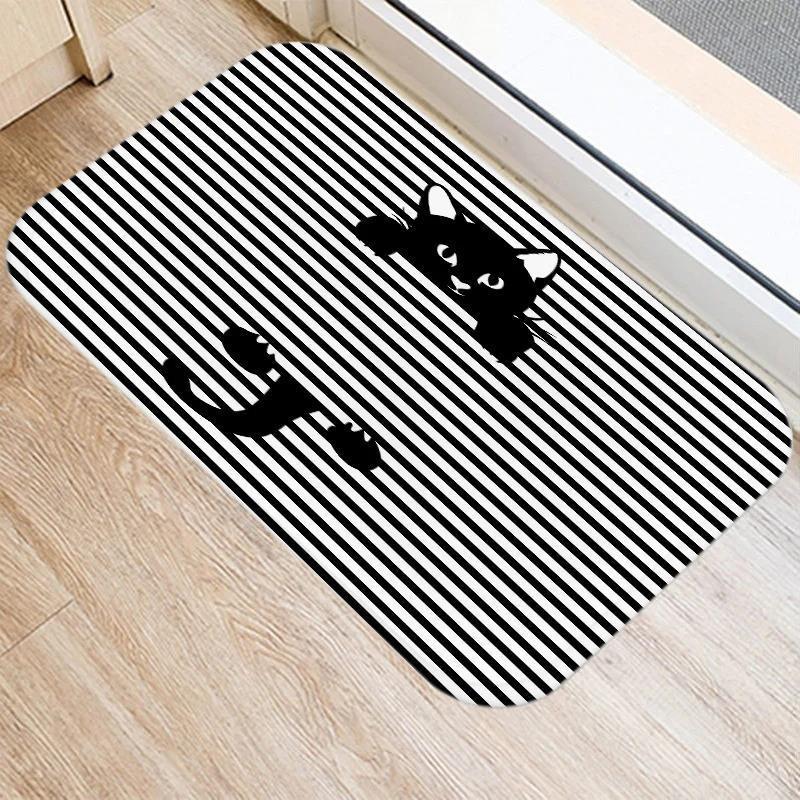 Cute Cartoon Cat Faces Carpet Black White Kawaii Minimalist Home Decoration Rug Kitchen Balcony Living Room Non-slip Floor Mat