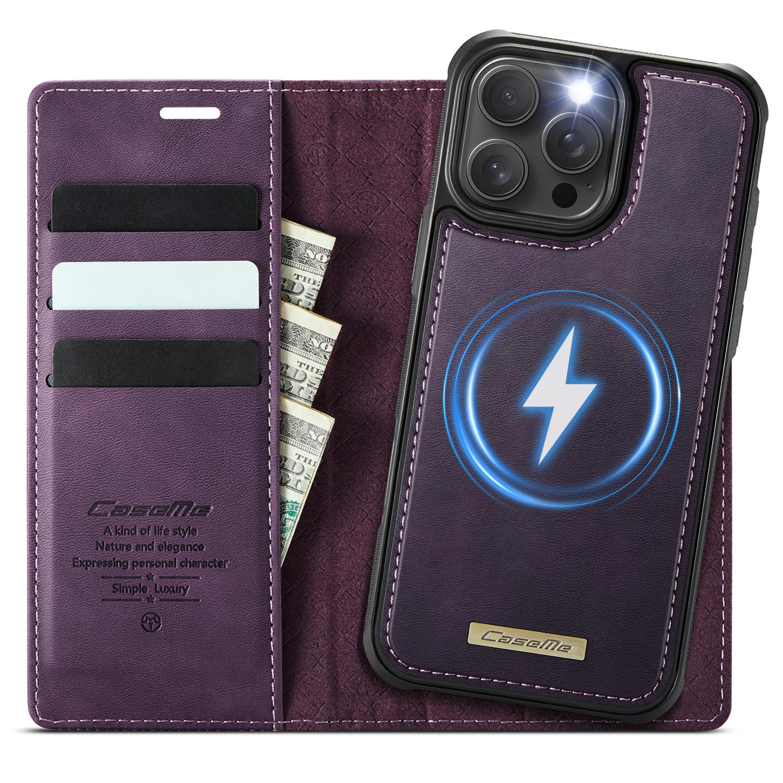 

For iPhone 15 Pro Case CASEME C49 Compatible with MagSafe RFID Blocking Detachable Wallet Leather Phone Cover Purple