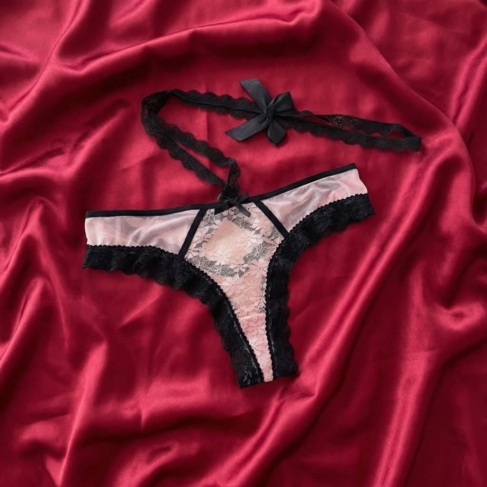 Bow Hanging Neck Chain Mesh Floral Bowknot Panties Lace Underpants Underwear for Women Hotel