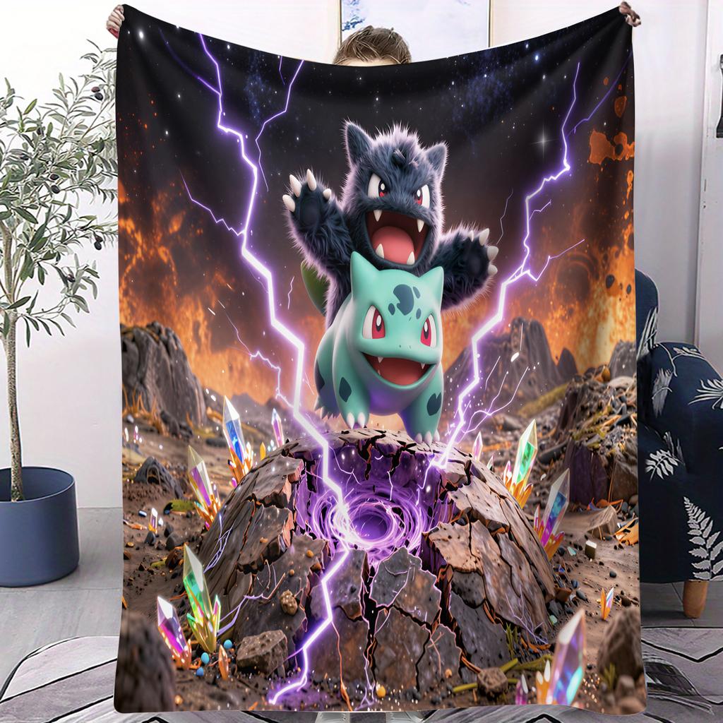 Cartoon Pikachu Bulbasaur Printed Flannel Blanket For Office Travel Comfort Leisure Camp Multifunctional Universal Blanket Gife