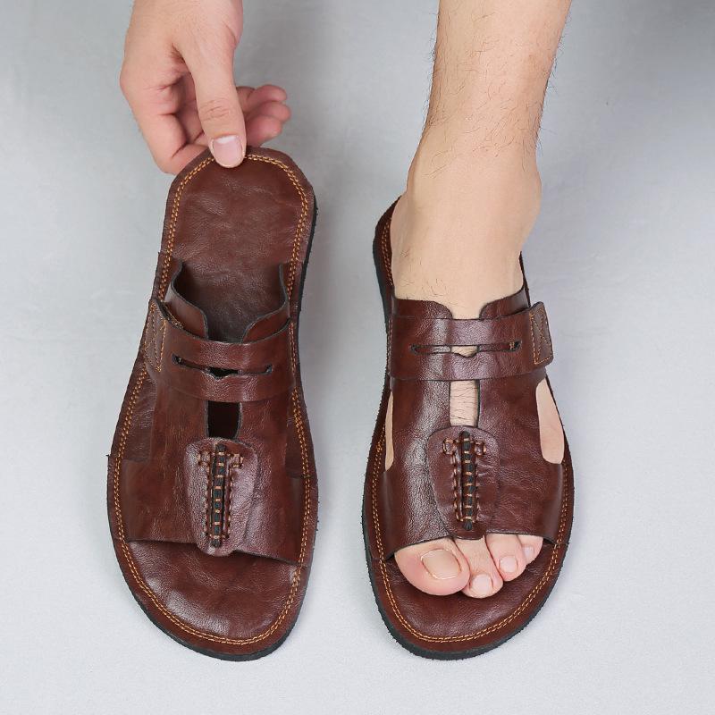 Men s Large Size Summer Cowhide Slip-on Sandals 37