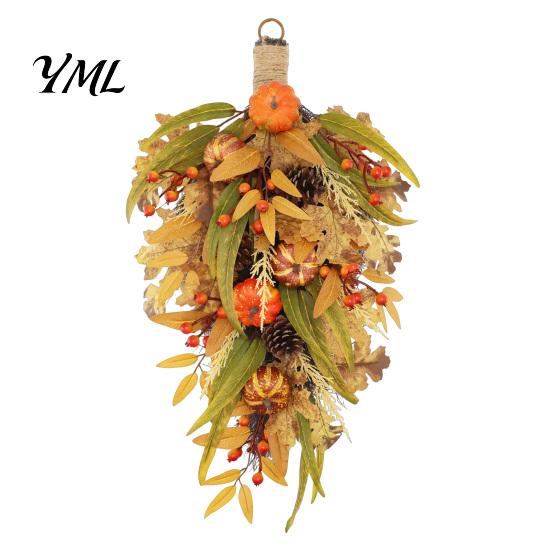 Fall Front Door Decor Artificial Teardrop Swag, Faux Pumpkins Berries Pinecones Leaves Decorative Autumn Water Drop Swag Harvest Wreath for