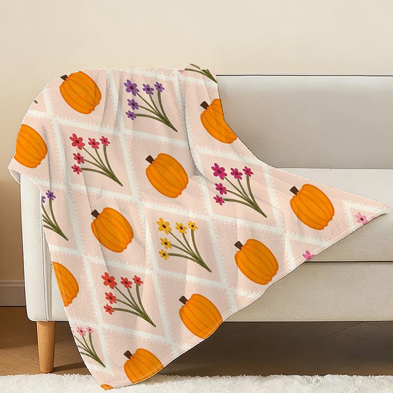 Plush Flannel Throw Blanket | Pumpkin Floral Design, Machine Washable, Soft Cozy & Skin-Friendly, Great for Home, Office Napping