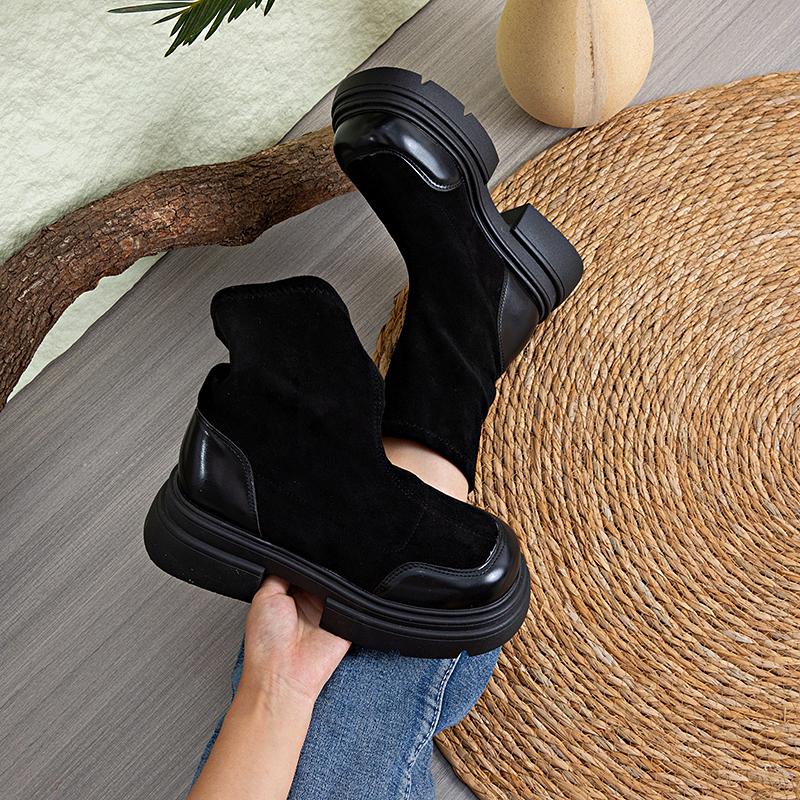 Vintage Britse Stijl Laarzen voor Dames Zomer Nieuw Warm Veelzijdig Dikke Zool Blokhak Korte Laarzen Stretch Slanke Laarzen Comfortabel Zachte Zool Antislip