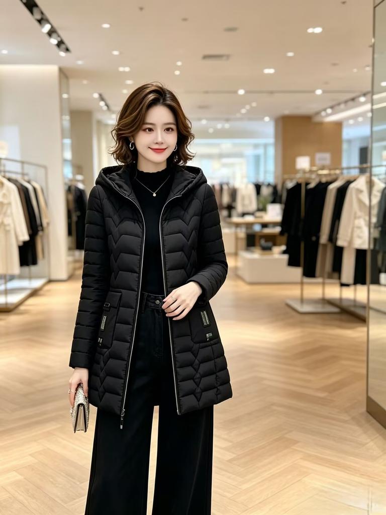 Medium and long down cotton-padded clothes, women's slim-fit hooded cotton-padded clothes, winter warm jackets, and mother's large-size cotton-pad