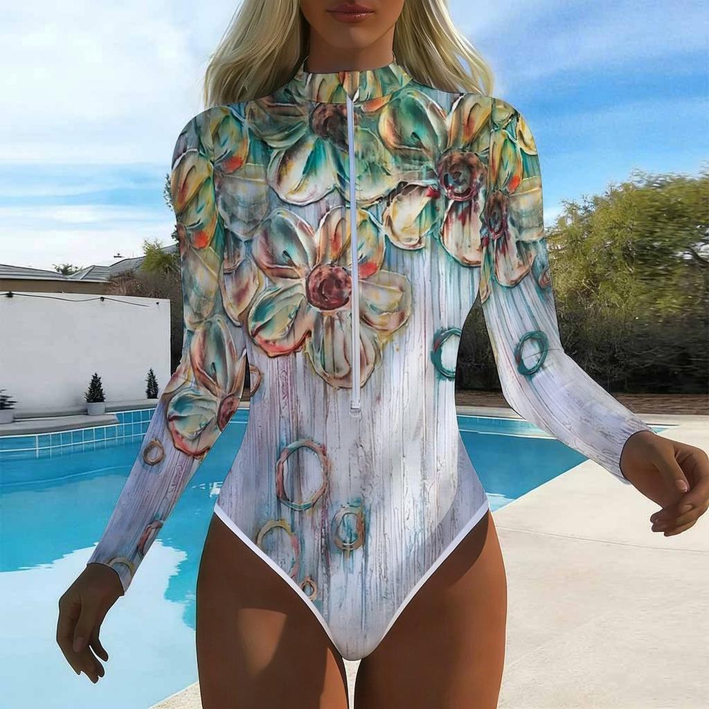 Damen Langarm Einteiler Badeanzug Reißverschluss Vorne Farbverlauf Blumenmuster Rash Guard Surfen Badeanzug