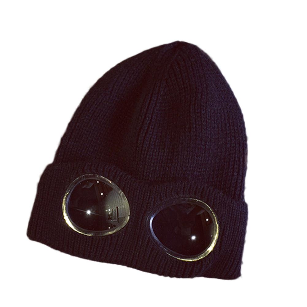 Warm Woolen Yarn Skiing Hat with Fake Windproof Glasses Stylish Knitted Cap New Year Christmas Gift