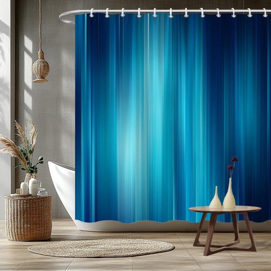 1pc Abstract Blue Teal Gradient Minimalist Shower Curtain, Polyester Fabric with Vertical Stripes, Machine Washable, Fashion The