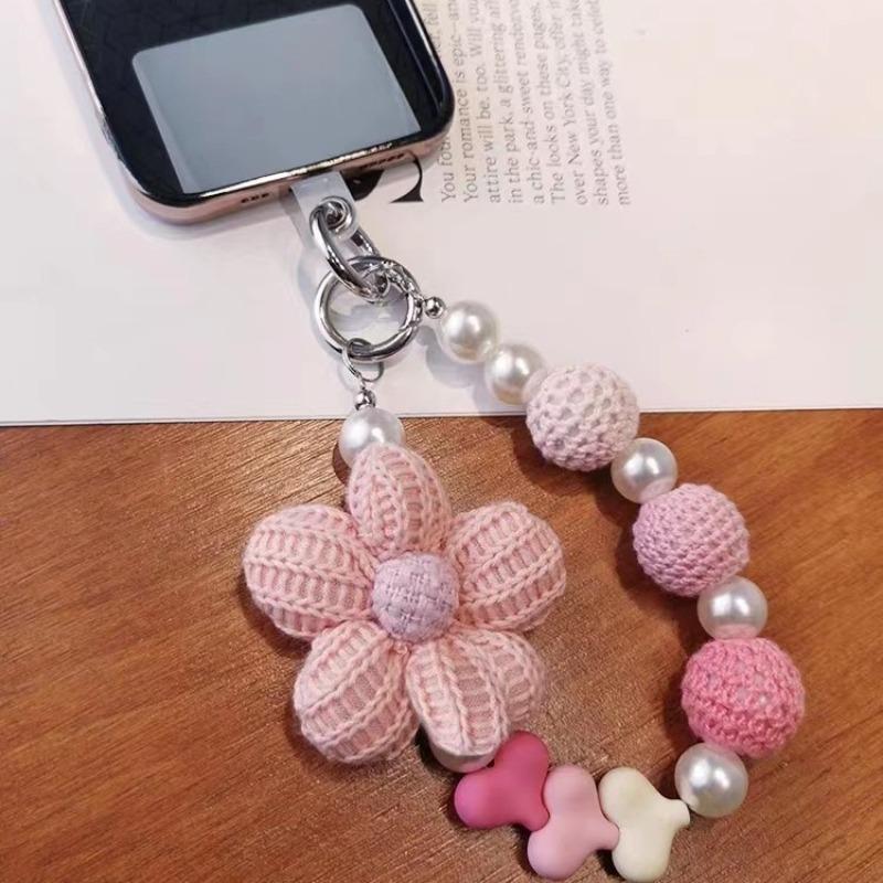 Kurze Handgemachte Wollblume Liebes Tasche Perlen Anhänger Internet Berühmtheit Handy Lanyard Tragbare Kette Lanyard
