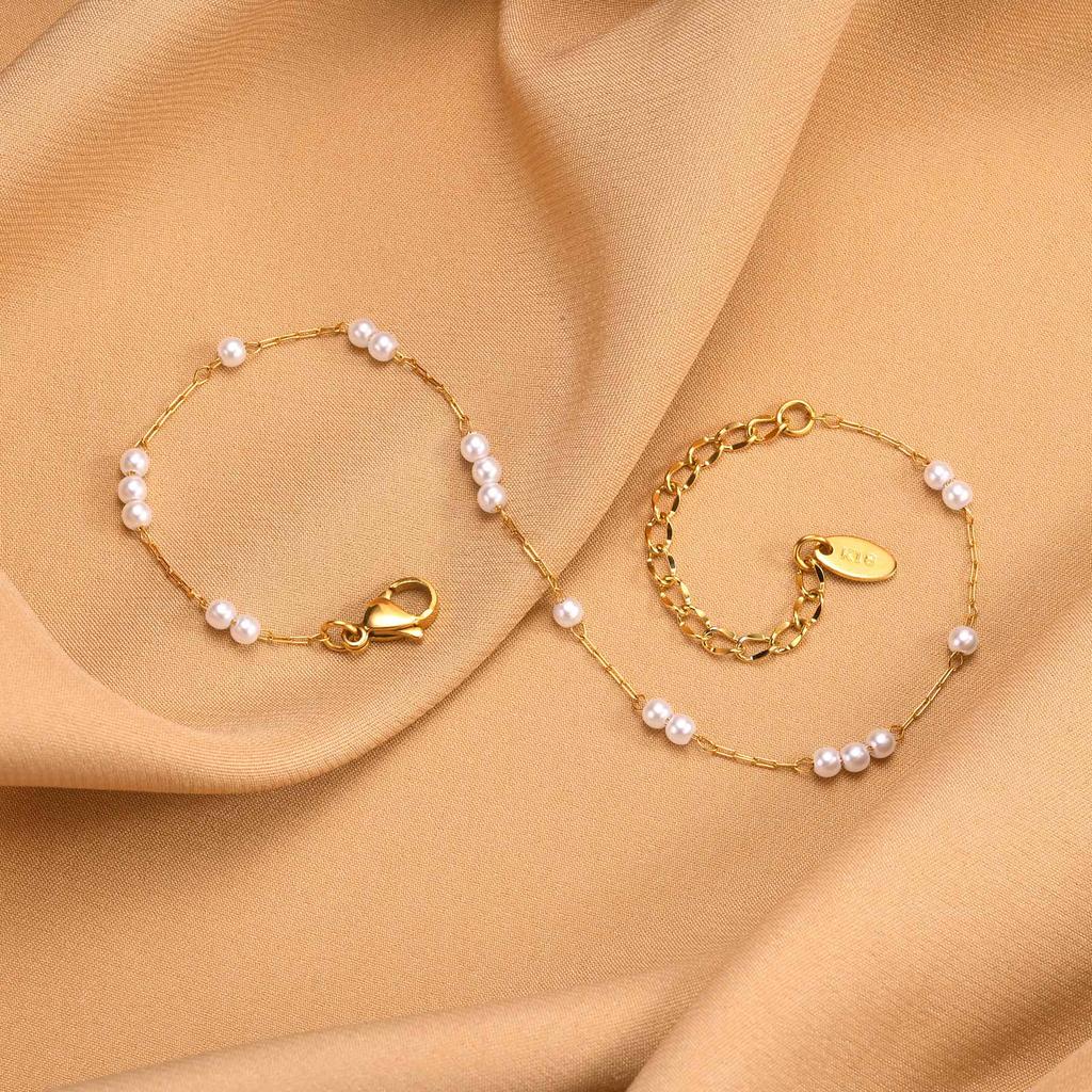 Stainless Steel Pearl Anklets Bracelet for Women, 18k Gold Plated Foot Chain Adjustable Stackable Bracelets on Leg Jewelry