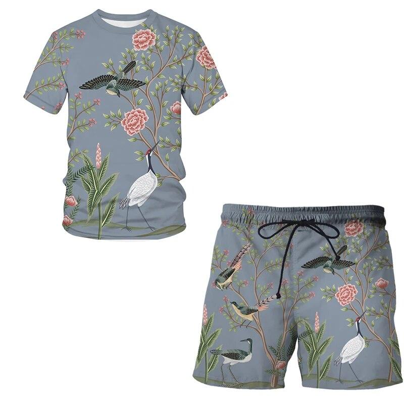 

Лето 2022 г., повседневный костюм с изображением цветов, птиц и растений, модный комплект из 2 предметов, футболка с 3D-печатью, свитер с короткими рукавами, уличный 6XL