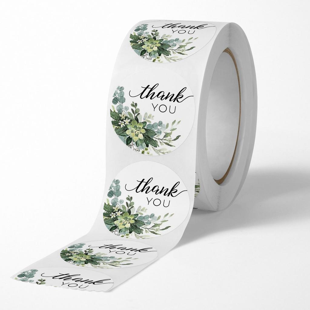 500 PCs/roll 1 Inch Green Floral Thank You Stickers for Gift Wrap, Envelope Closure, Small Business Office Supplies, Diy Decor