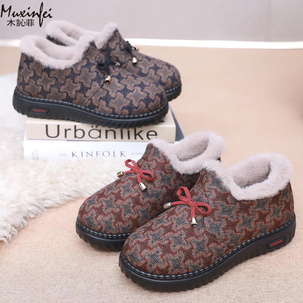 Neue Damen Baumwollschuhe mit Winterwärme und kariertem Fleece-Stoffschuhe Anti-Rutsch Dicke Baumwollschuhe Damenstiefel