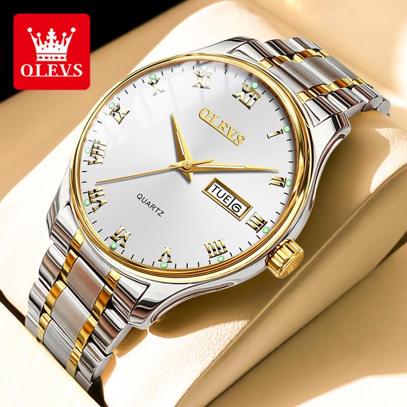 OLEVS 5568 Classic Quartz Wristwatch For Men Top Brand Original Luminous Steel Strap Dual Calendar Waterproof Business Man Watch