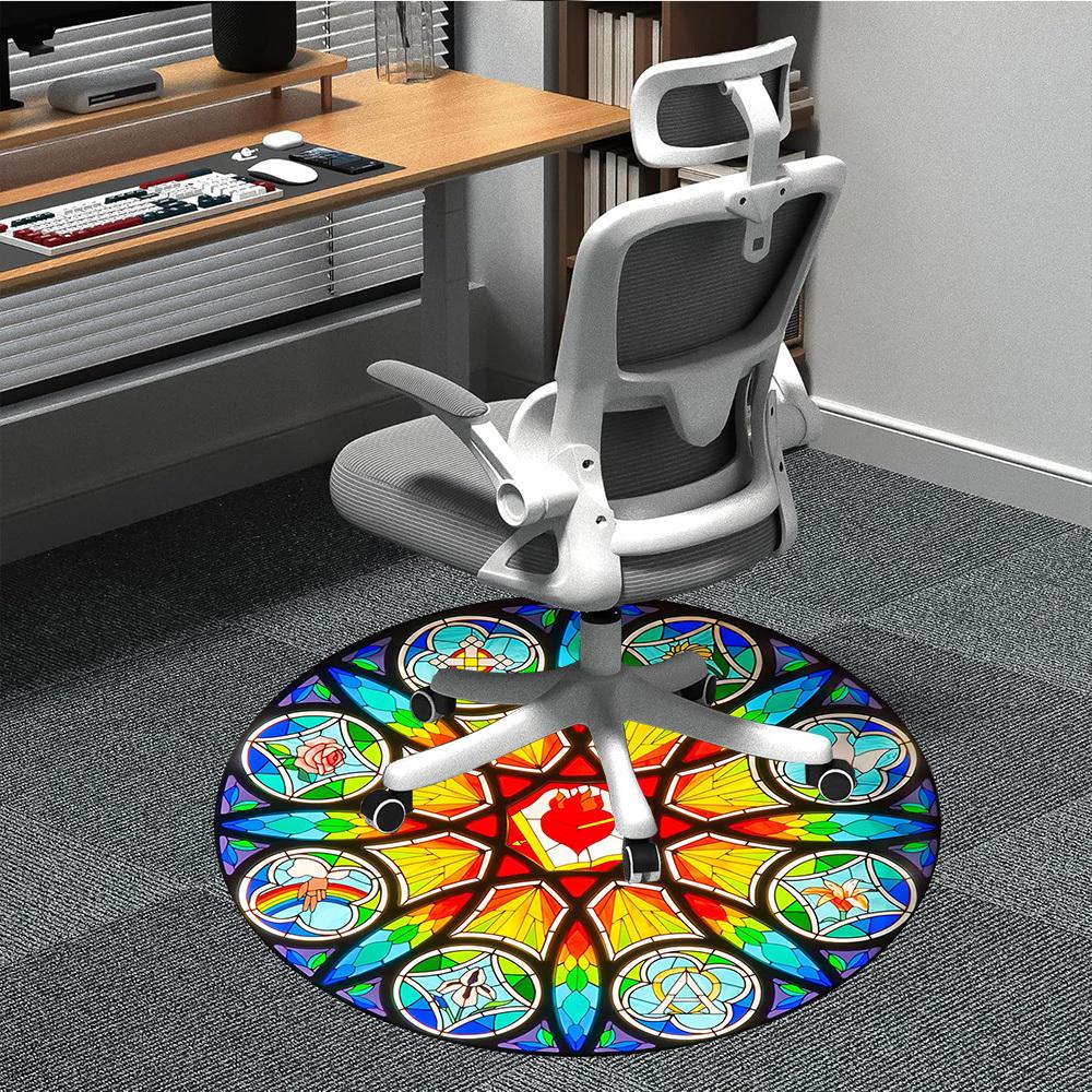 1pc Stained Glass Window Chair Carpet for Office, Round Polyester Mat, Indoor Decor for Office, Easycare Fabric, Washable Non-slip Area Carpet