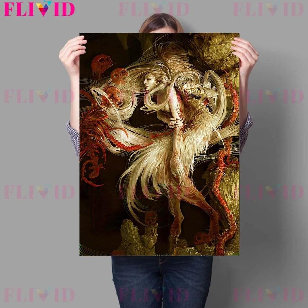 Gothic Dark Terror Girl and Terrifying Devil Retro Mural Oil Painting Decoration Crow House Wizard Poster