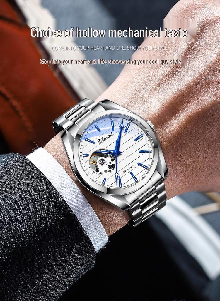 CHENXI Men's Luminous Waterproof Skeleton Automatic Mechanical Watch with Steel Band