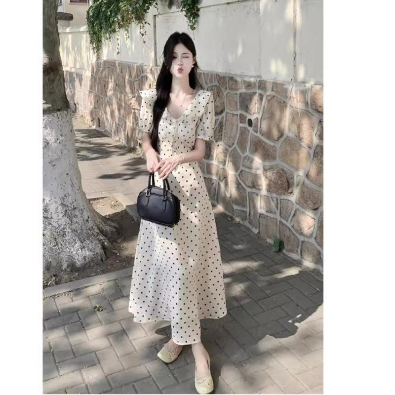 Lace-up bubble sleeve polka dot dress women's summer new ruffle leaf edge waist thin chic temperament long dress