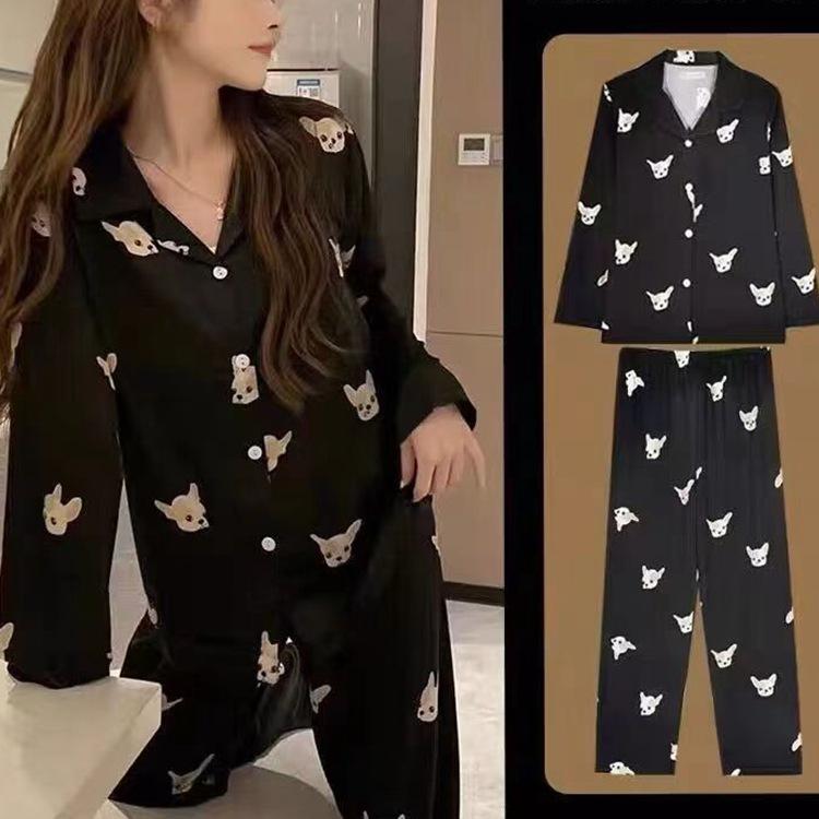 Pigiama Donna Manica Lunga in Seta Ghiaccio Pizzo Sensazione Premium Due Pezzi Dolci Capi da Casa