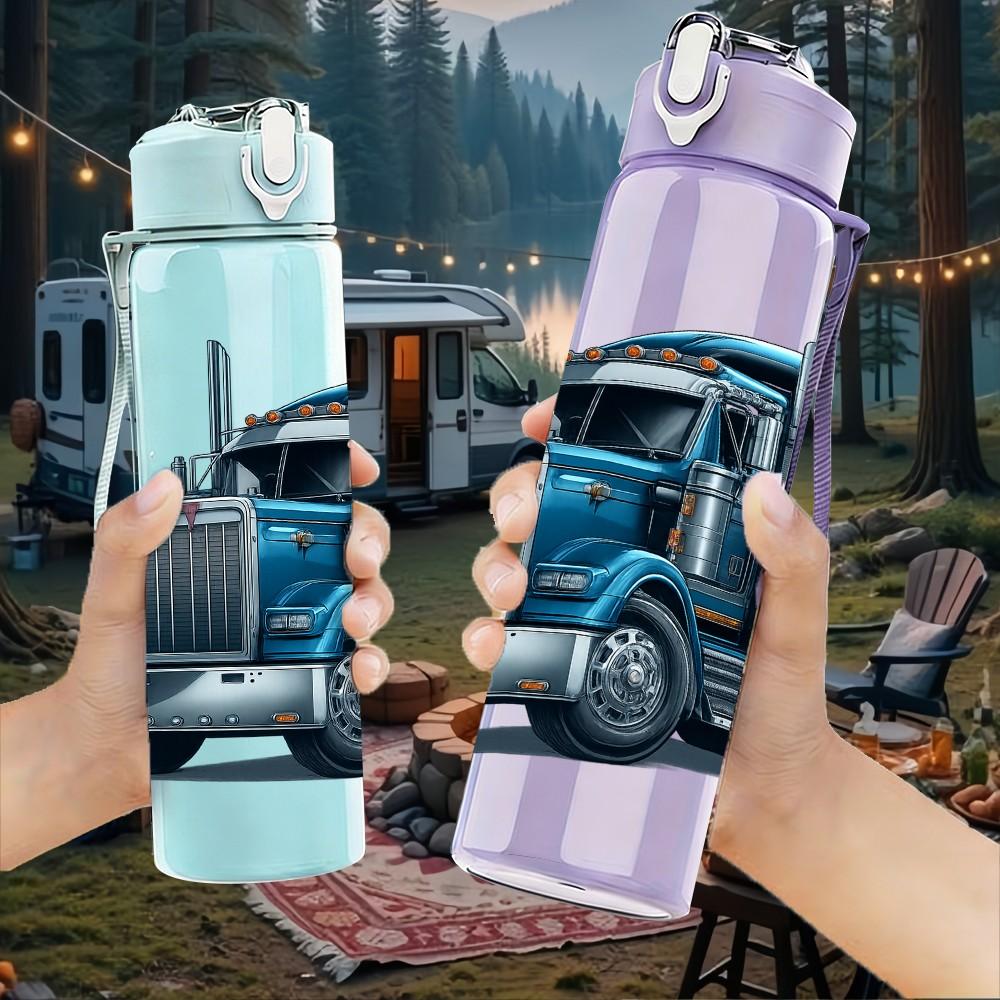 1PC Heavy Duty Truck Art Print 750ml Color Plastic Sports Water Bottle Leakproof Flip Straw Lid Suitable for Sports Office Home Use