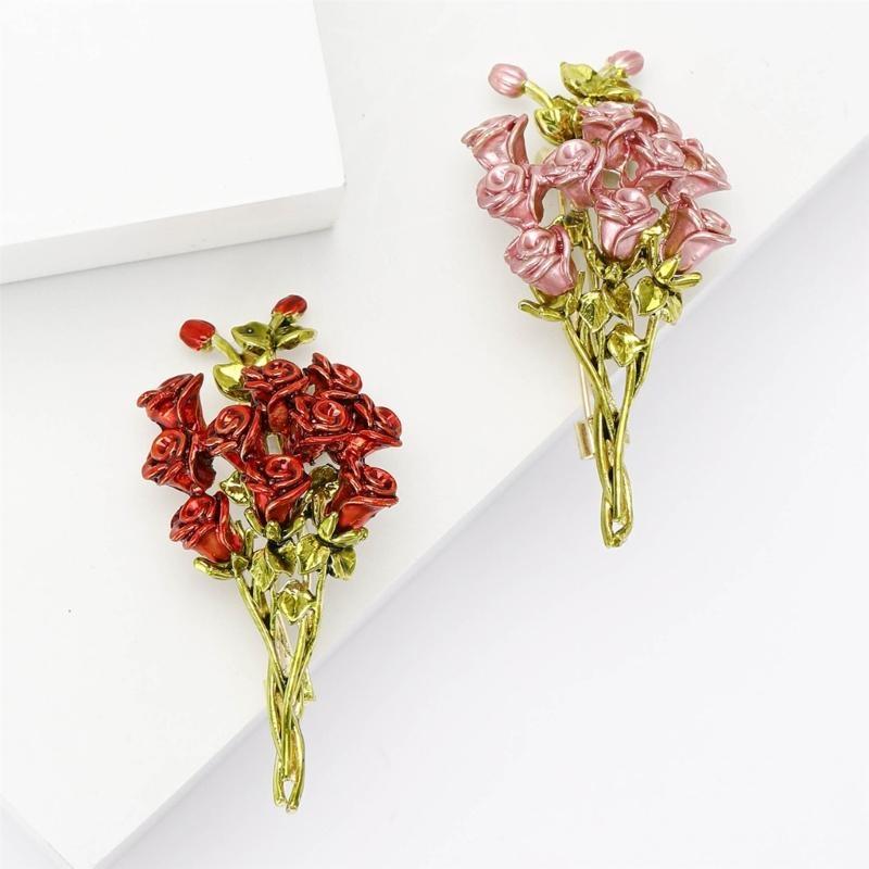 Pink Red Roses Flowers Brooches Lapel Pin For Women Beautiful Bouquet Plants Party Office Brooch Pins Gifts
