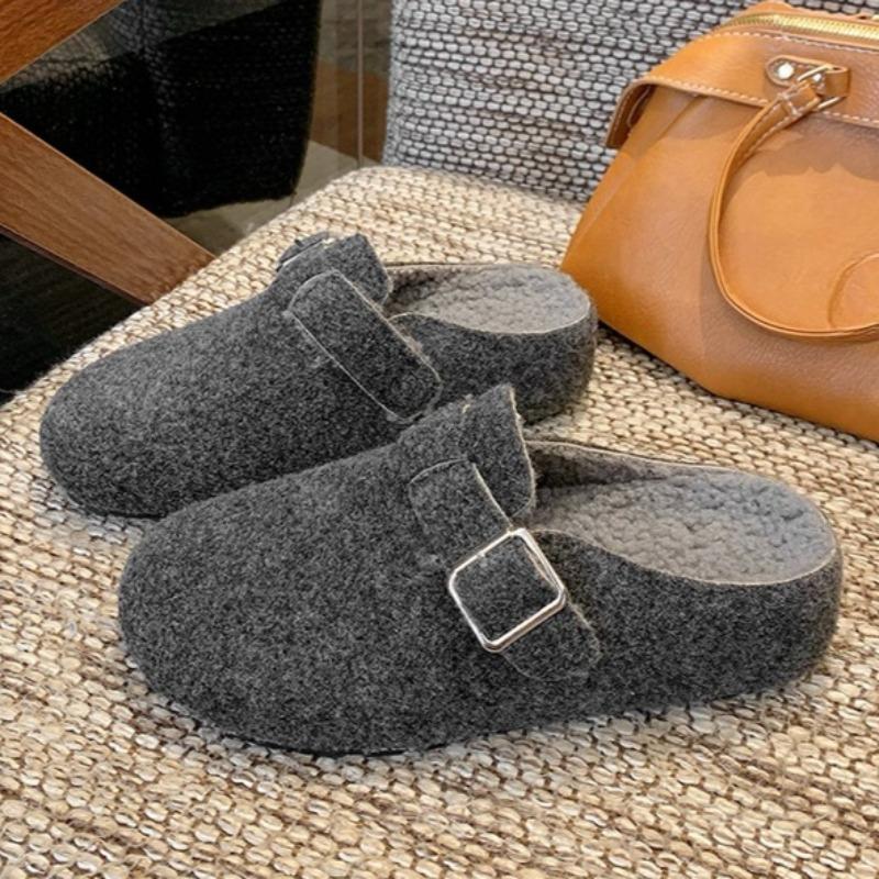 

Fashion Fluffy Women Flats Mules Shoes Fashion Buckle Autumn Slippers 2025 Designer Elegant Slingback Sandals New Trends Casual Zapatos 35 темно-сірий колір