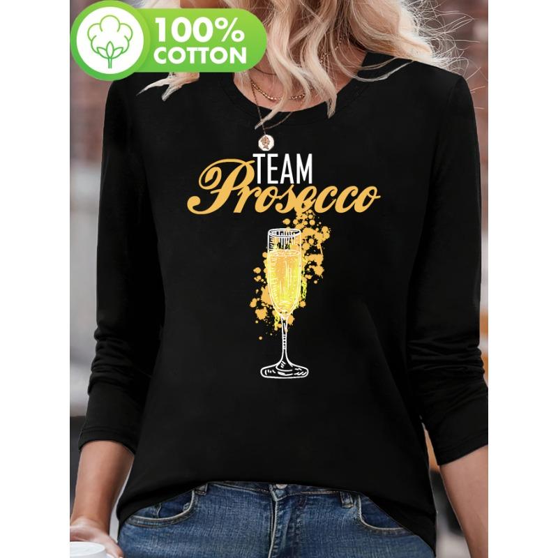 European sizes Prosecco Gift Print T-shirt, Long Sleeve Crew Neck Casual Top for Spring & Fall, Women s Clothing S чёрный