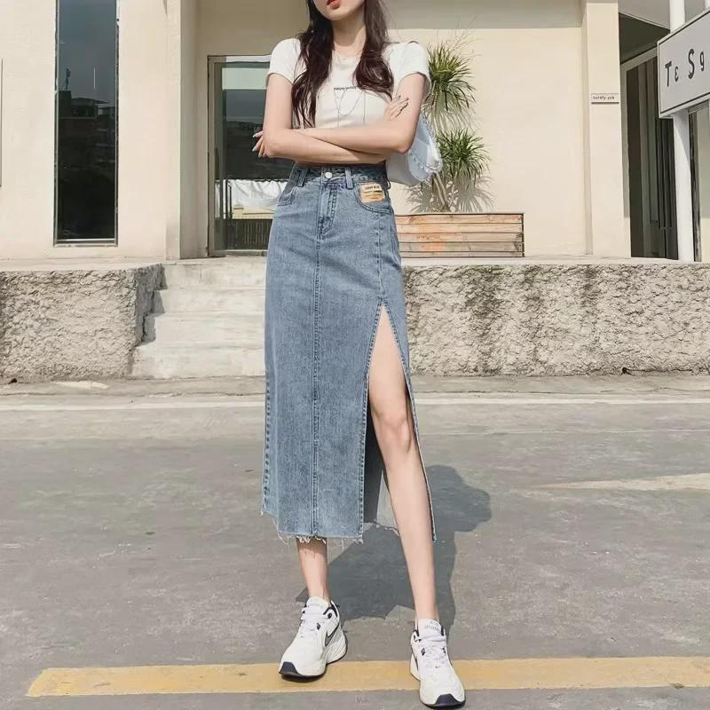 High-Waisted Blue Denim A-Line Skirt with Side Slit for Women - Autumn/Winter 2023