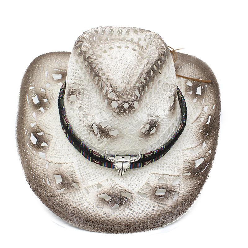 Women Straw Hollow Western Cowboy Hat Lady Beach Cowgirl Panama Sun Hats