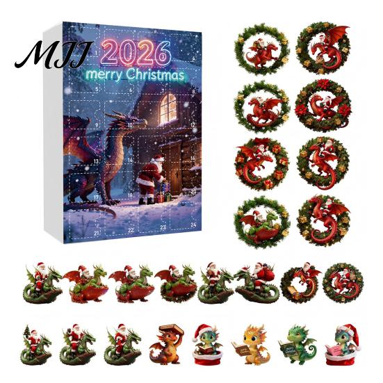 Christmas Advent Calendar 2026 Dragon Calendar, 24Pcs Acrylic 2D Ornament Set with Daily Surprise Gift Box Designs, Tree Hanging Decor, Holiday
