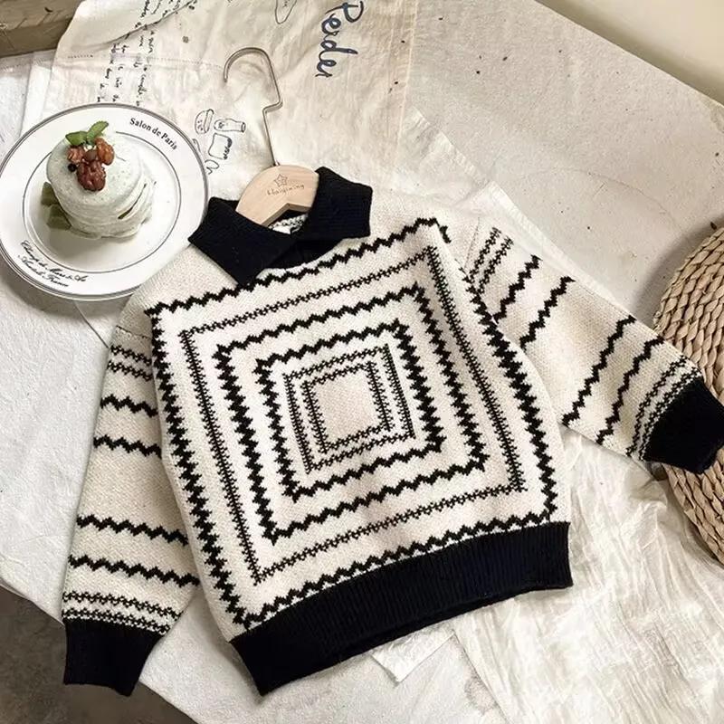 

Детский свитер в корейском стиле с воротником поло, в стиле ретро, для мальчиков, весенне-осенний, вязаный, с отложным воротником, модный 90