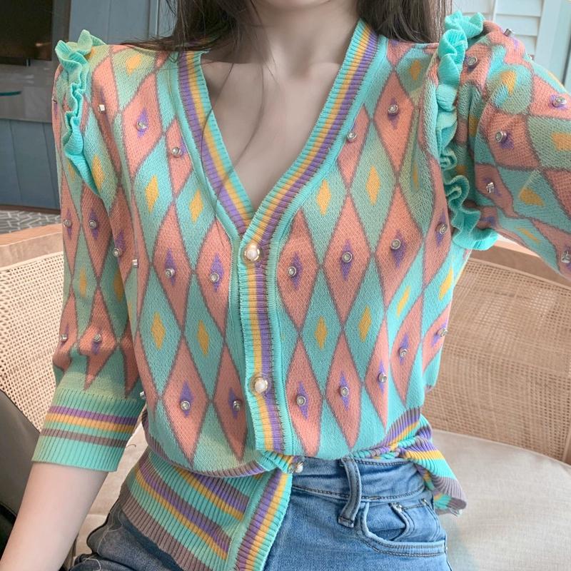 Spring Autumn Women V-neck Casual Beading Plaid Single Breasted Knitted Sweater Cardigan Top