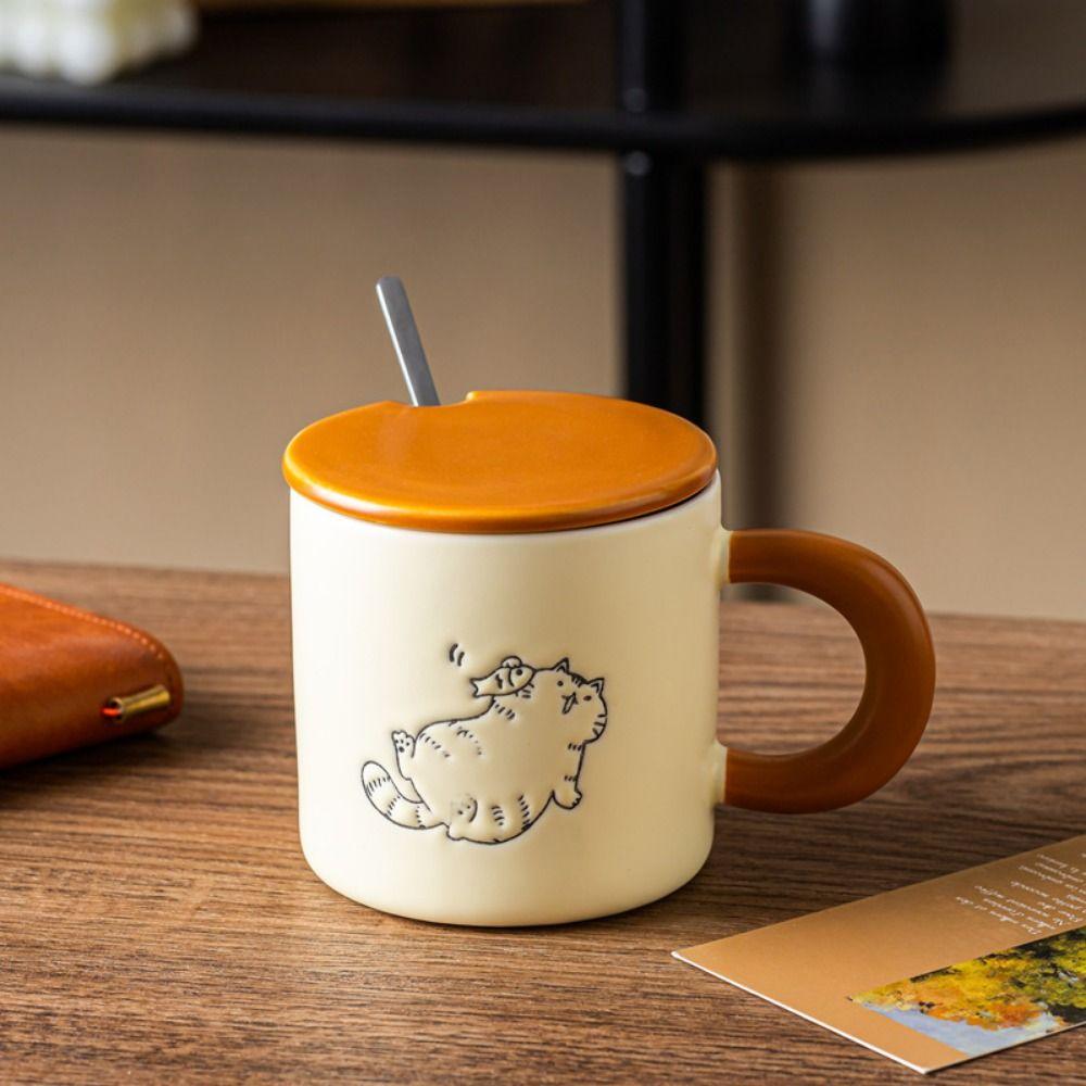 Hand Drawn Ceramic Coffee Cup with Spoon Water Cup with Lid Cartoon Cat Drinkware  Milk